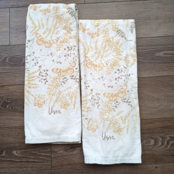 Vera Neumann Other - Vtg 70s Vera Neumann Bath Towels White Gold Butterfly Brown Fern MCM Set of 2